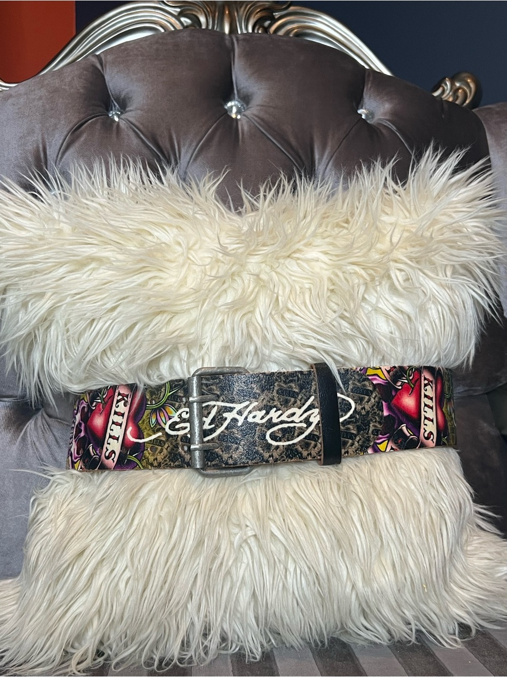 💀🖤 Ed Hardy Tattoo Art Leather Statement Belt with Skull & "Love Kills" Graphics